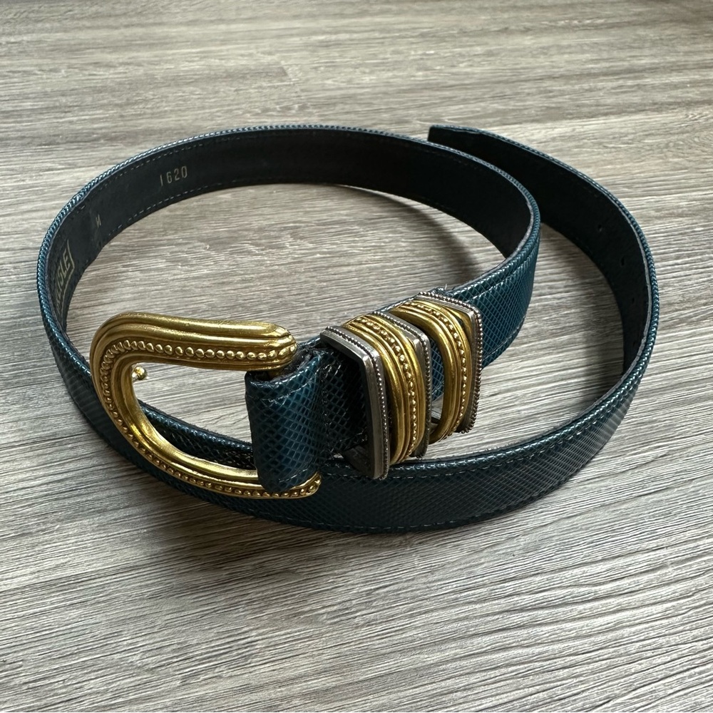 Final Sale: Dark Turquoise Blue Green Leather Belt w/ Gold and Silver Buckle - M